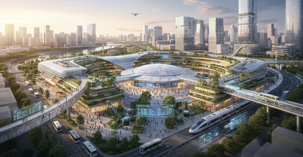 Large-scale masterplan site with land use zones, infrastructure networks, and development phasing overlaid